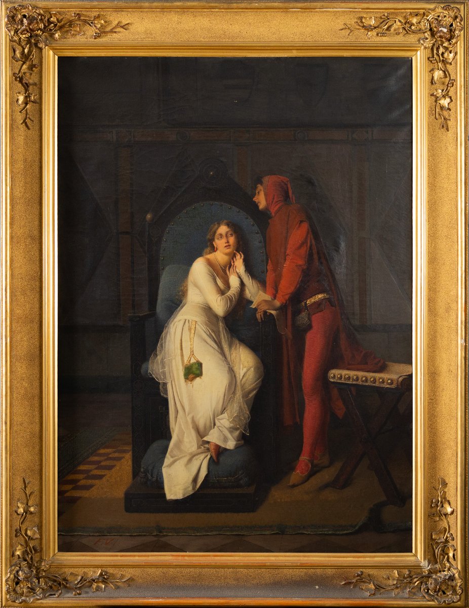F. Valaperta, Ghismunda e Guiscardo, scena dal Decamerone (Boccaccio), Olio su tela siglato F.V