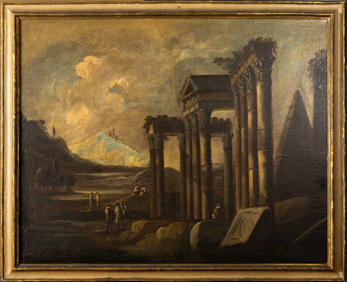 Coppia di capricci architettonici romani, fine XVII Secolo, oli su tela in cornici antiche-photo-2