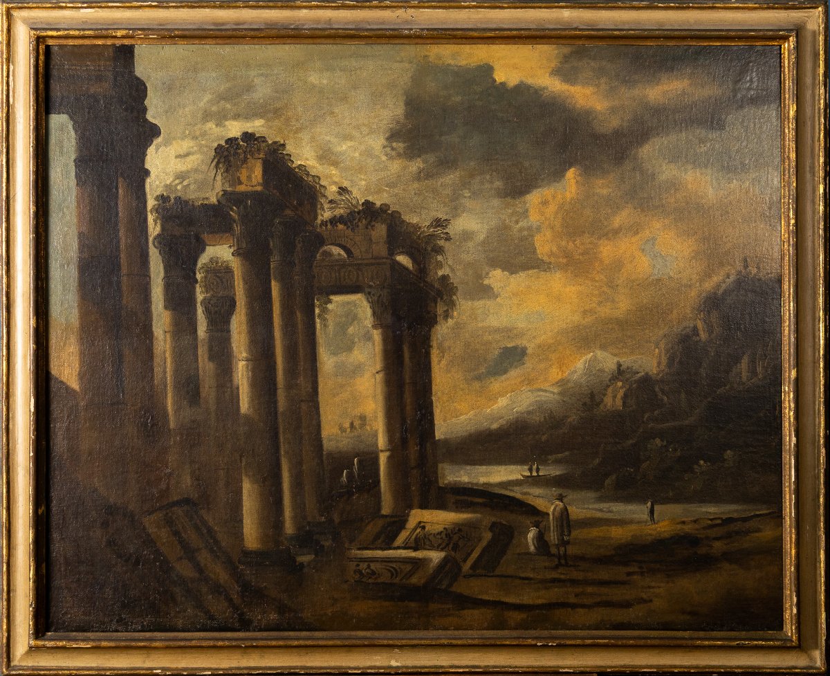 Coppia di capricci architettonici romani, fine XVII Secolo, oli su tela in cornici antiche-photo-3