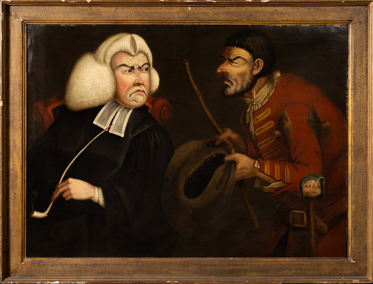 Tim Bobbin (1708-1786)? Scena caricaturale inglese con giudice e mendicante, XVIII secolo