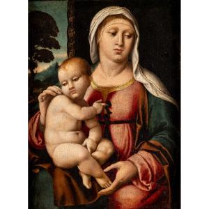 Vierge à l’Enfant en paysage, Huile sur panneau, Domenico Capriolo (Venice 1494 - 1528)