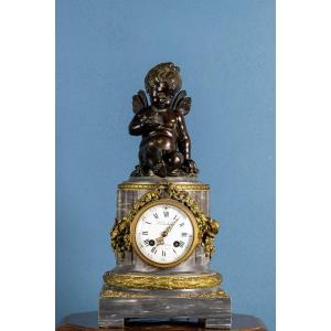 Orologio francese in marmo e bronzo dorato, Putto in bronzo, Fine XIX secolo