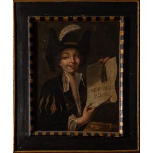 Giovane picaro con cartiglio “Che ridere signori”, Olio su tela, XVIII secolo