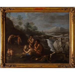 Agostino Carracci attribuito, Paesaggio con ninfe e satiri, Olio su tela XVI secolo