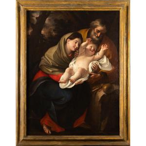 Sacra Famiglia con Madonna, Bambino e Giuseppe, olio su tela, pittore emiliano del XVII Secolo