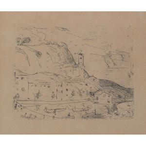 Joaquin Mir Trinxet - Fishing Village - Etching, 1929