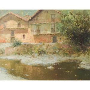 Joan Ramon Palau Junca - Impressionist Painting With River And Chalets