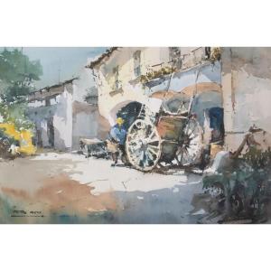 Pere Ros - Impressionist Watercolor Sketch - A Man And His Cart