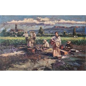 Harvest Reaping - Large Framed Post-impressionist Oil Painting