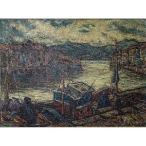 Atmospheric Impressionist Oil Signed - Barges In A Harbor