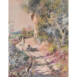 Juan De Palau Buixo - Large Watercolour Landscape With Cart
