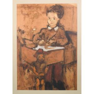 Girl And Puppet With Rocking Horse - Oil On Paper