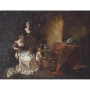 18th Century Domestic Scene - Oil On Panel