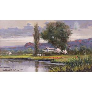 Landscape With Red Flowers - Oil On Board
