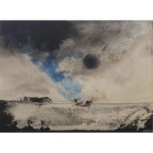 Boat On A Moonlit Seascape - Watercolor