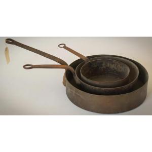 Set Of Three - Antique Copper And Iron Handled Saucepans