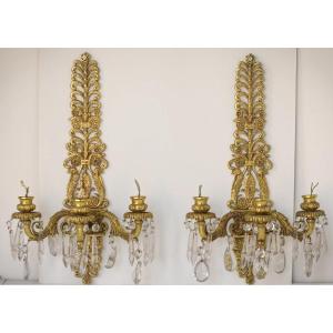 Two - Bronze And Cut Glass Wall-mounted Chandeliers