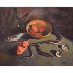 Enric Planasdura - Large Still Life Study Of Fish And Oysters