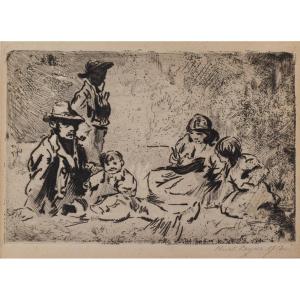 Two Figures In A Field With Children - In On Paper
