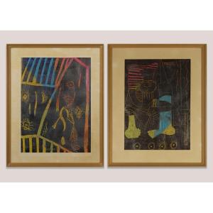 Two African Tribal Influence Crayon Vintage Pictures