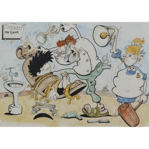 Original Pen Ink Watercolour Dennis The Menace ( Beano ) Cartoon - Dentist Visit