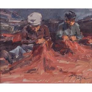 Post Impressionist Study Of Fishermen Repairing Nets - Albert Tomás Guillén