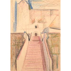 Modernist - Coloured Drawing Of A Church And Stairway