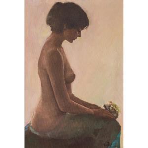 Female Nude Study With Bouquet Of Flowers - Oil Painting