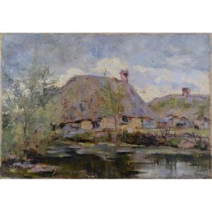 Impressionist Oil Of Thatched Cottage By Stream