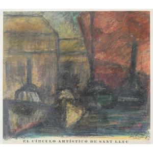 'el Círculo Artístico De Sant Lluc' - Expressive Harbour Scene - Lithograph