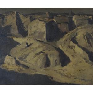 Village Landscape With Figure - Miguel ángel Echauri (b. 1927, Pamplona, Spain)