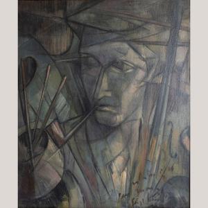 "the Artist And His World” – Mid-century Cubist Oil Painting
