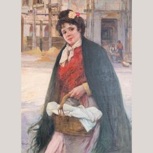 The Flower Seller – 19th Century Oil Painting - Ricardo Brugada Y Panizo (1867-1919)
