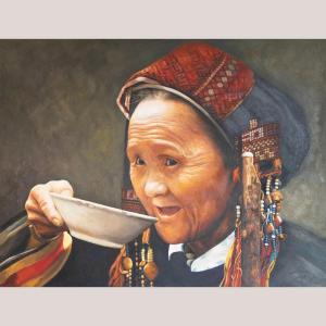 Portrait Of A Tribal Woman Drinking Tea - Oil On Canvas
