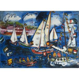 Sailboats At Regatta – Original Oil By Fermín Vilanova (1960)