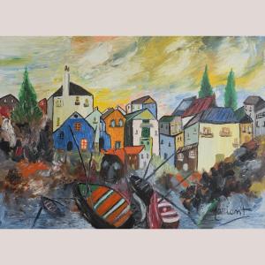 Colorful Mediterranean Village Scene With Boats
