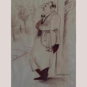 The Waiter - Caricature – Ink Drawing By Salvador Pérez Bassols