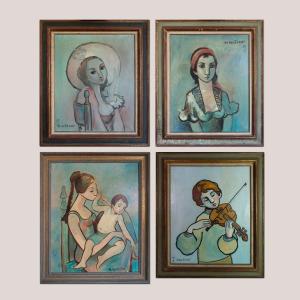 Set Of Four Mid-century Portraits – Signed “almuñecar,” Oil On Canvas