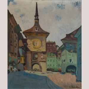 Mid-century Berne Clock Tower Cityscape – Original Oil Painting