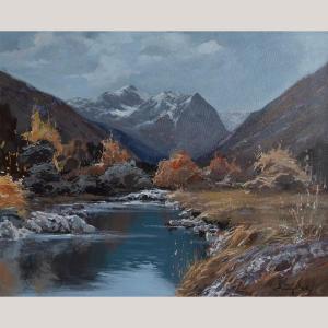 Mountain River Landscape – Framed Signed Oil Painting
