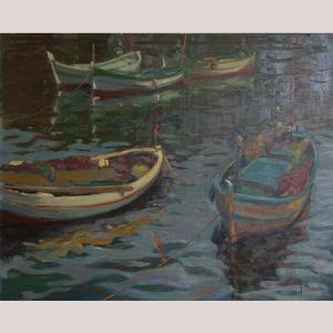 Post Impressionist Painting - Fishing Boats In Harbor By Josep Munné