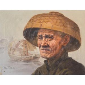 Elderly Fisherman In Straw Hat By S. Chen