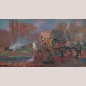Impressionist Oil – Gypsy Camp Scene – Signed Oil