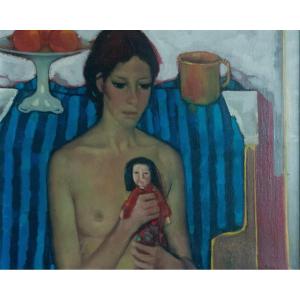 Seated Nude With Doll – Signed Calon ? – Original Oil On Canvas