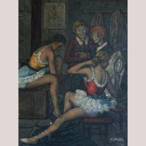Backstage With Clowns And Dancers – Large Original Oil Study By M. Duval