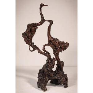 Rare Two Herons Or Cranes – Japanese Root Sculpture