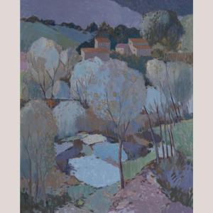 Large Pastel Modernist Village Landscape – Garcia Pitarch - Oil On Canvas