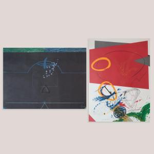 Abstract Geometric Compositions – Pair Of Signed Vintage Framed Limited Edition Lithographs