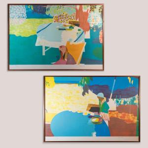 Figurative Garden Scenes By Ortuno – Pair Of Framed Vintage Lithographs