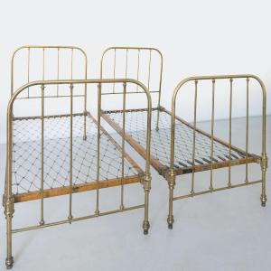 Pair Of Antique Edwardian Brass Twin Beds